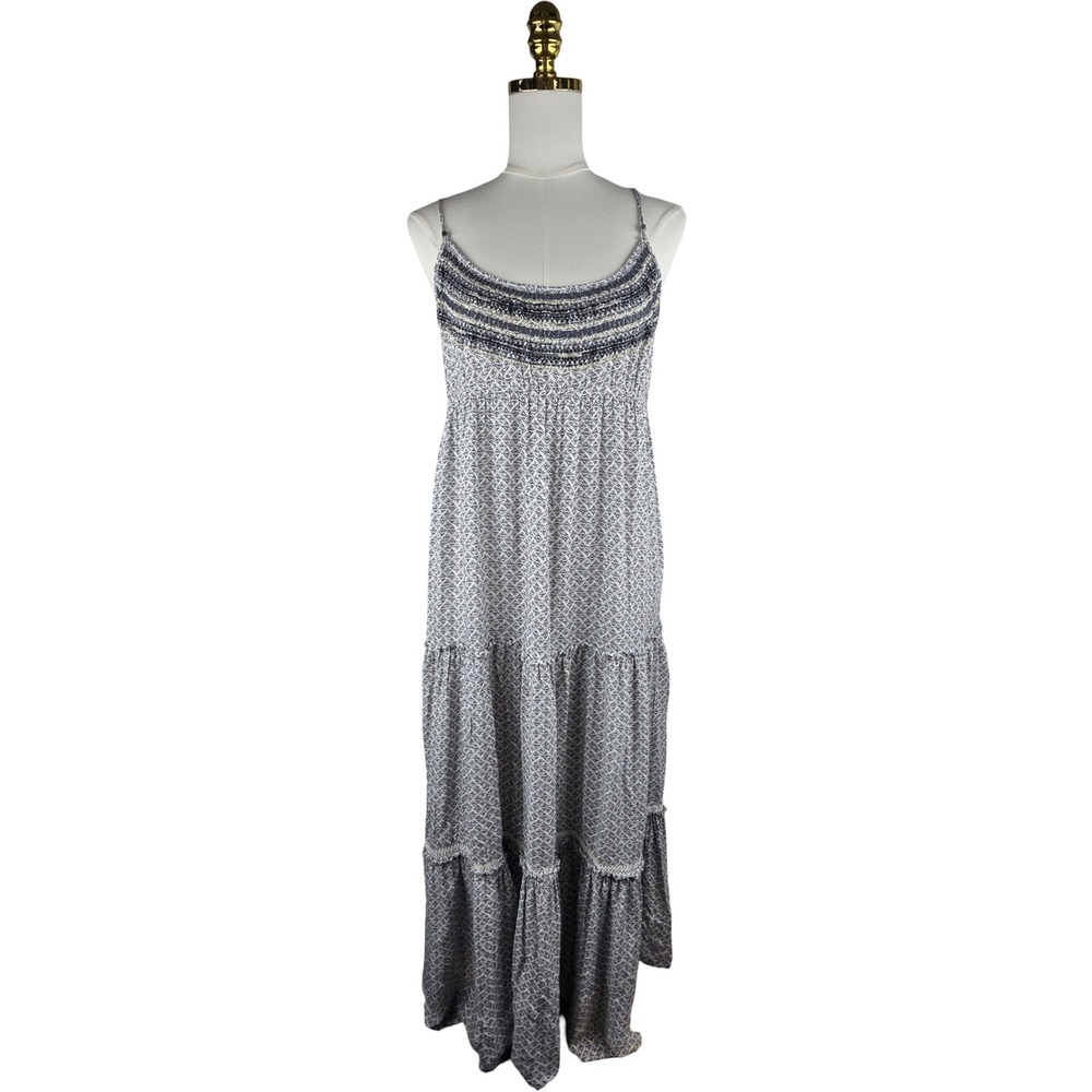 American Eagle Maxi Dress Women L White 2014 Boho Geometric Tiered Embroidered